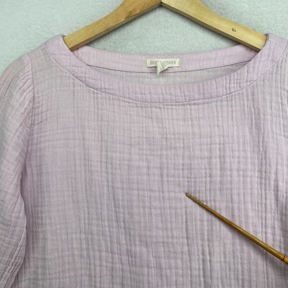 EILEEN FISHER Top XS Organic Cotton Crinkle Gauze Fringed 3/4 Sleeve Pink - Picture 11 of 12